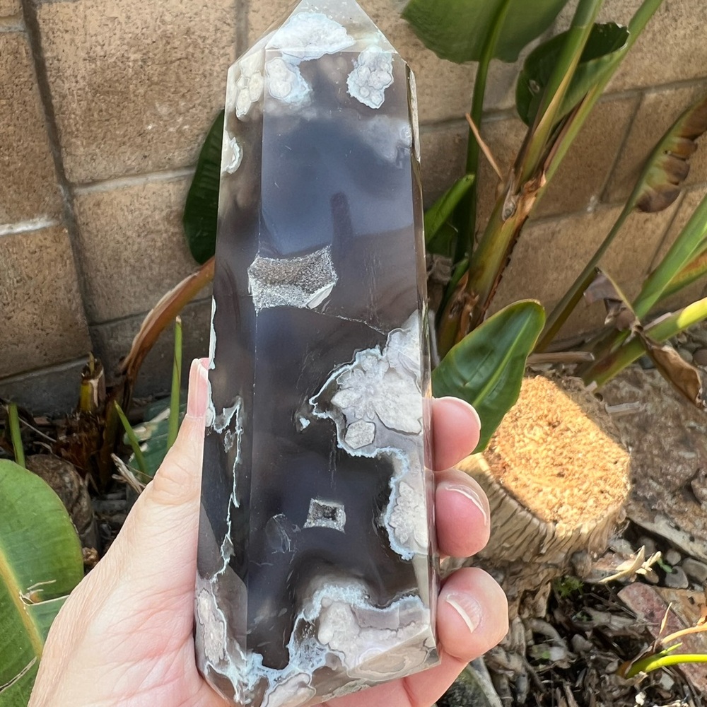 Black Flower Agate Druzy Tower with Carnelian - Picture 10 of 11
